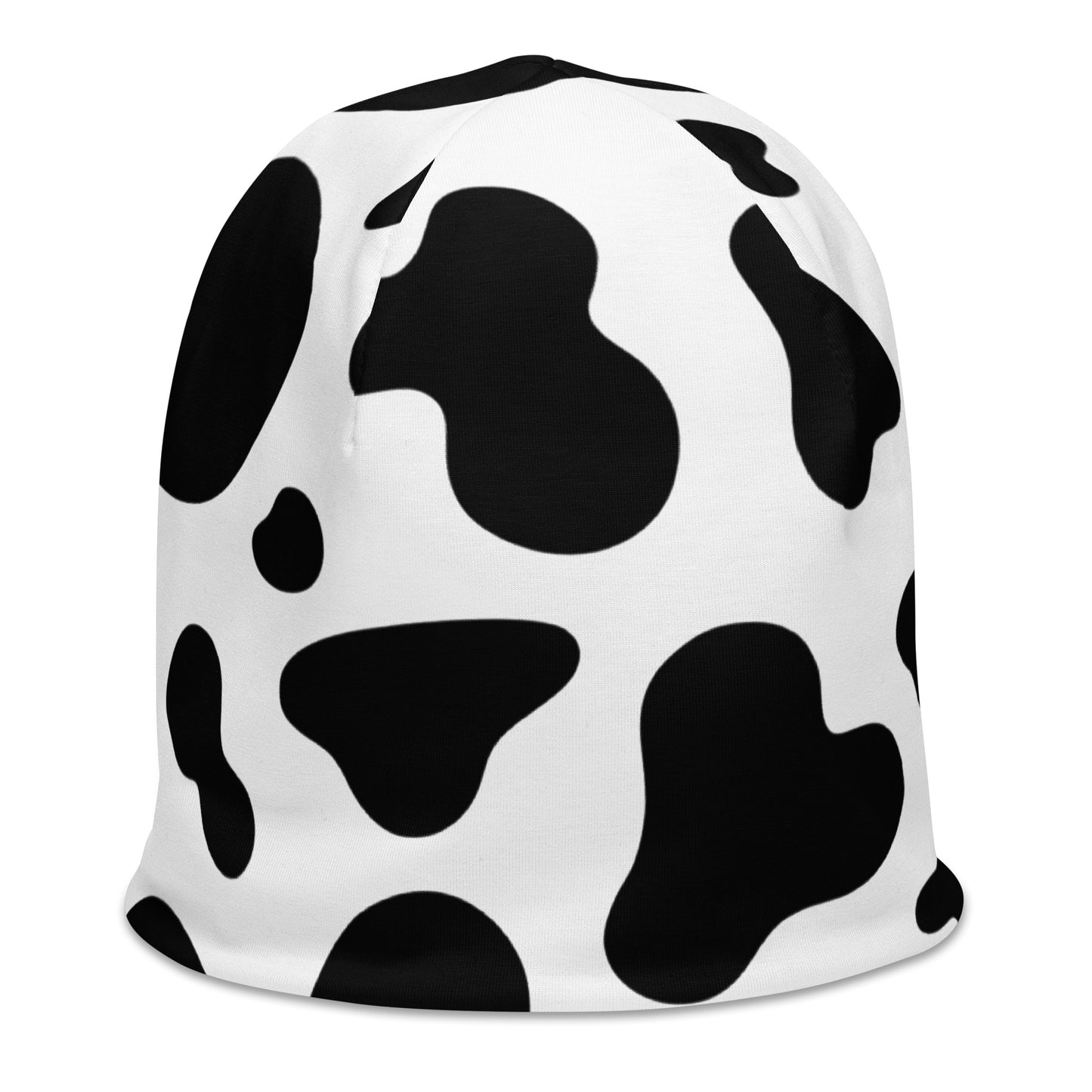 Unisex cow print beanie hat in black and white, soft double-layer knit, right side view