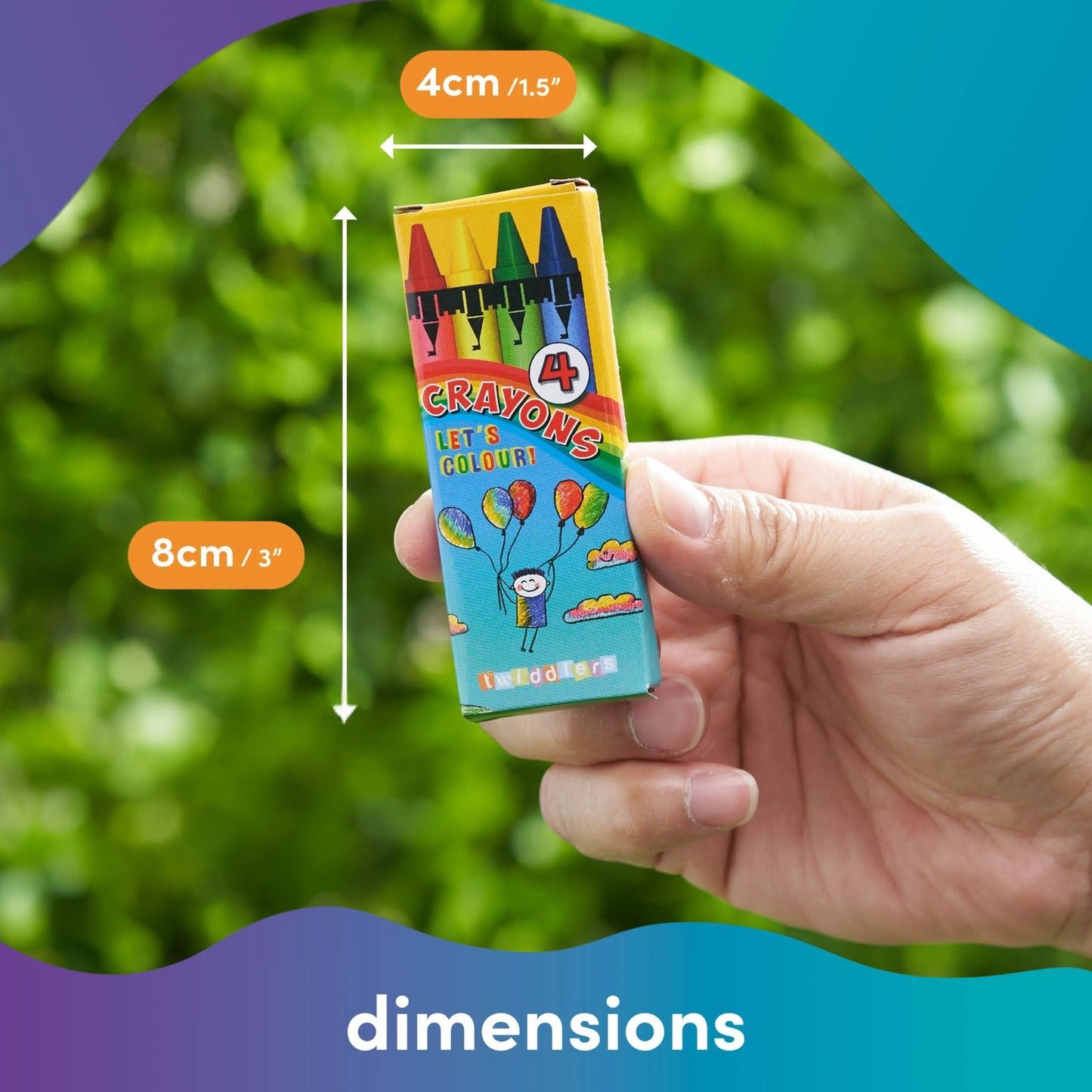 Hand holding a box of 4 crayons with dimensions shown