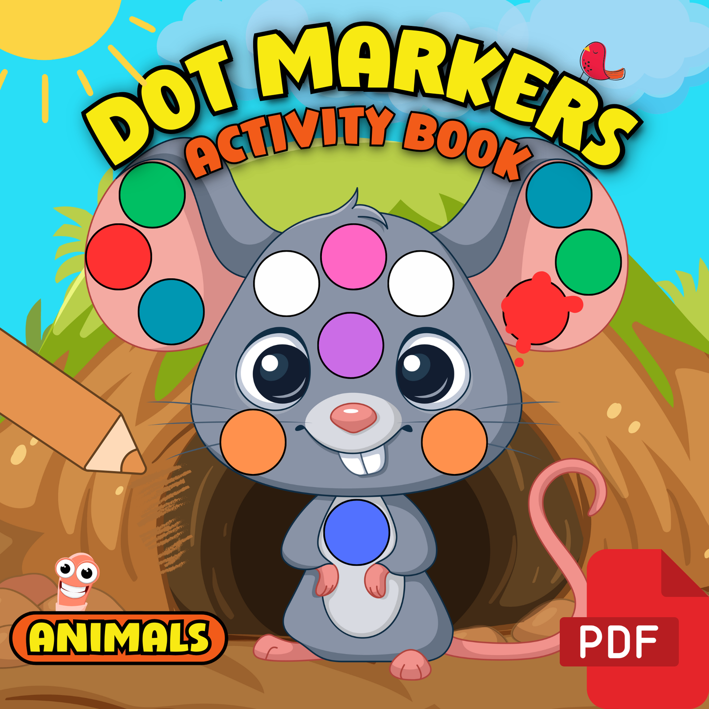PDF cover of dot markers colouring book with cute cartoon mouse and colourful dots for kids – Mamutino