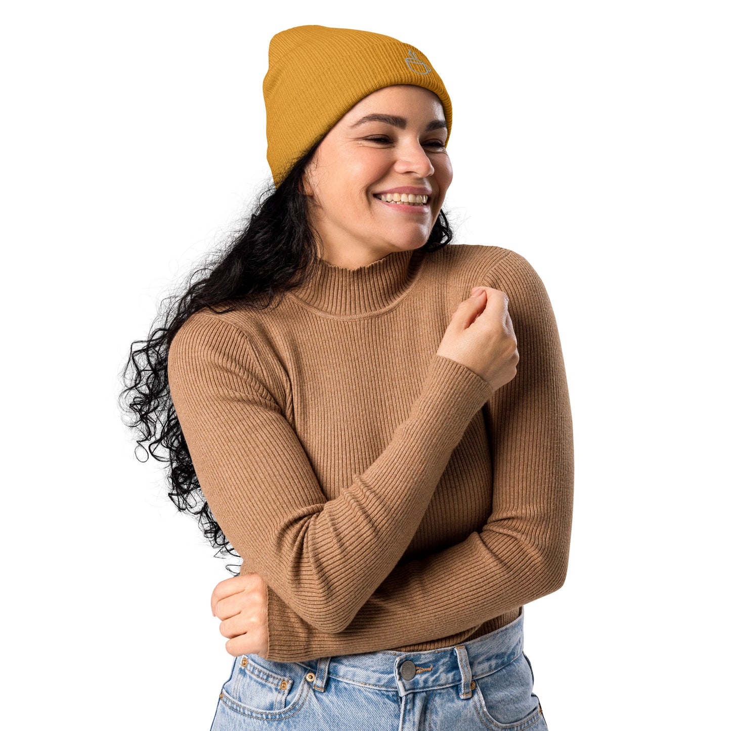 Model wearing ribbed knit beanie hat in mustard yellow with embroidered coffee cup design, side view