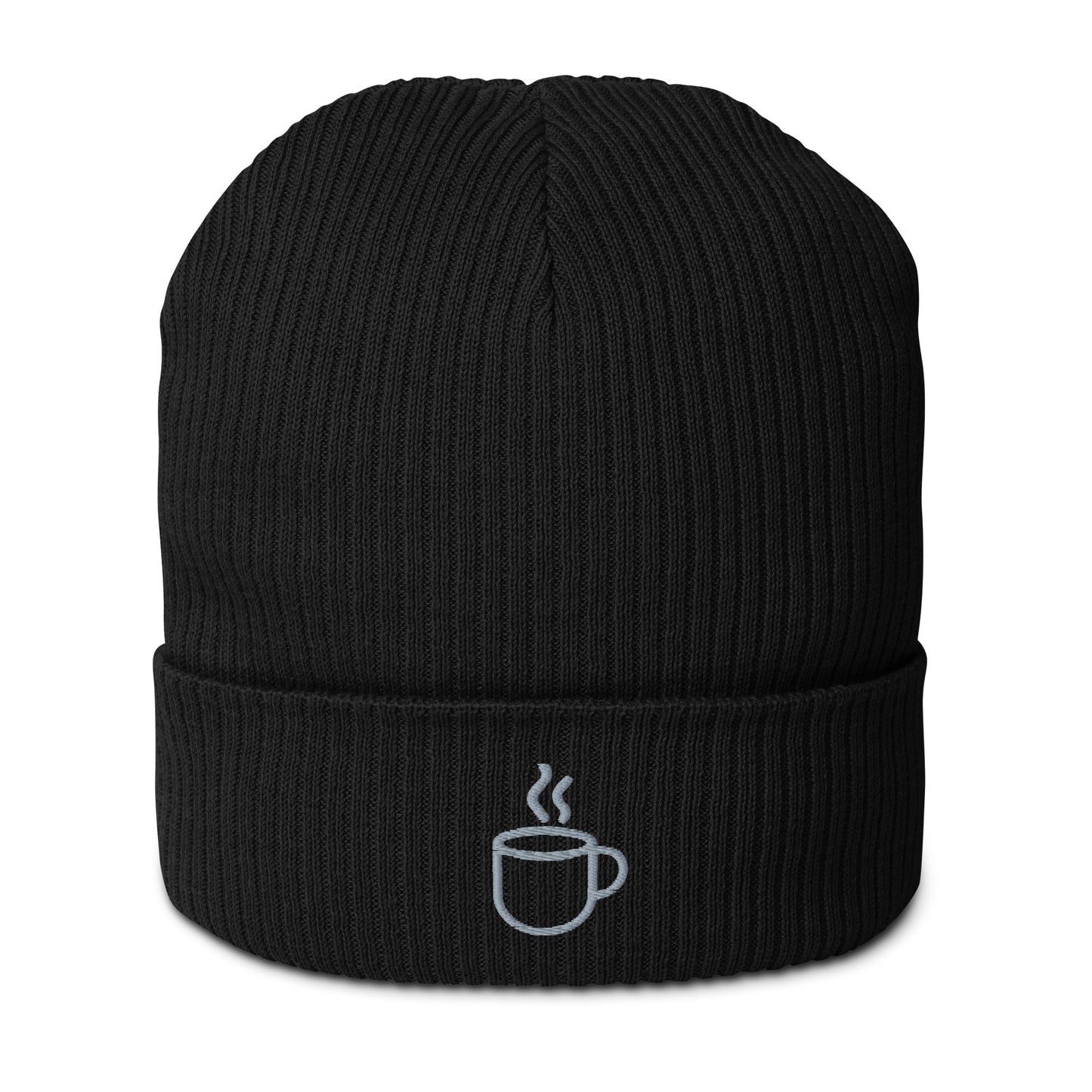 Ribbed knit beanie hat in black, embroidered coffee cup design, front view