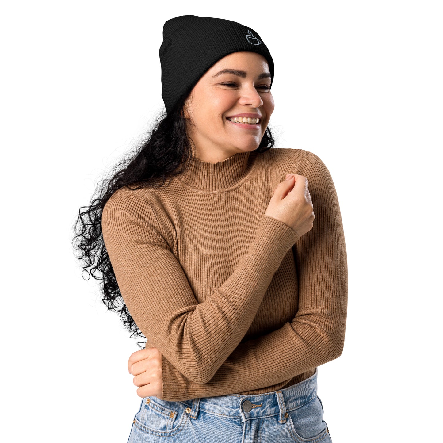 Model wearing ribbed knit beanie hat in black with embroidered coffee cup design, side view
