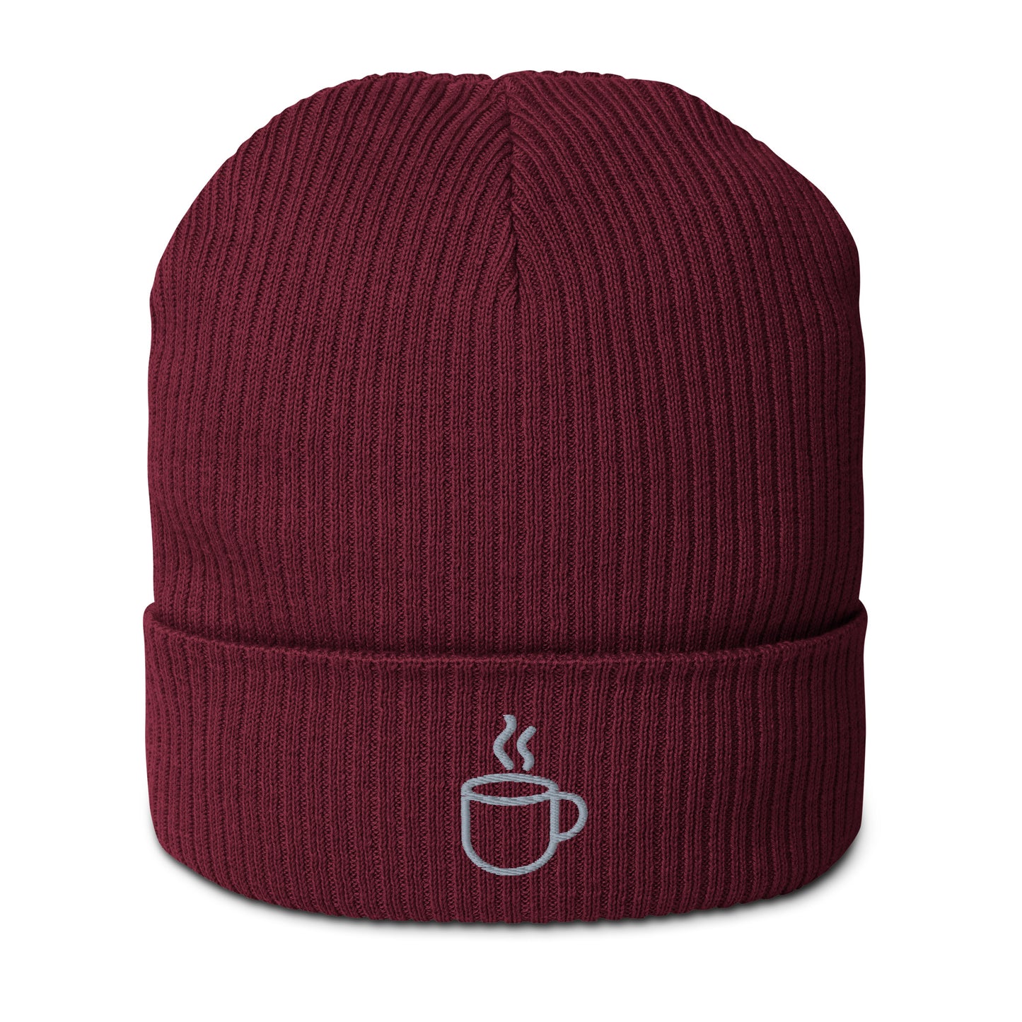 Ribbed knit beanie hat in burgundy, embroidered coffee cup design, front view