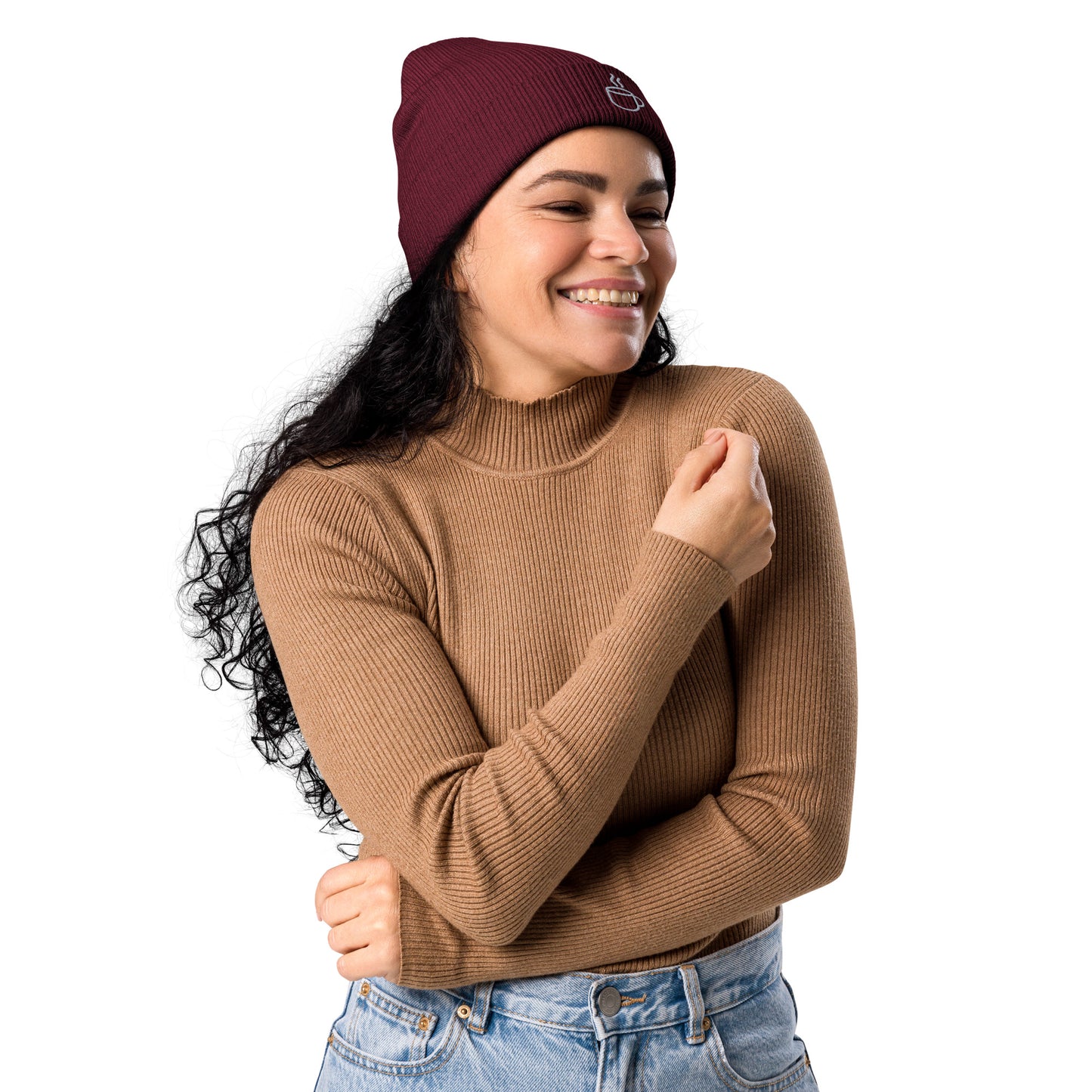 Model wearing ribbed knit beanie hat in burgundy with embroidered coffee cup design, side view
