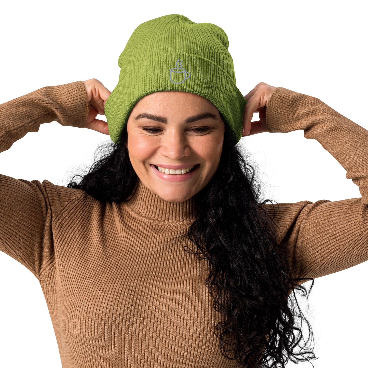 Model wearing ribbed knit beanie hat in leaf green with embroidered coffee cup design, front view