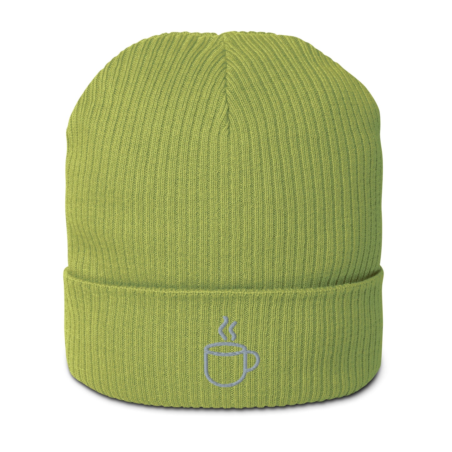Ribbed knit beanie hat in leaf green, embroidered coffee cup design, front view