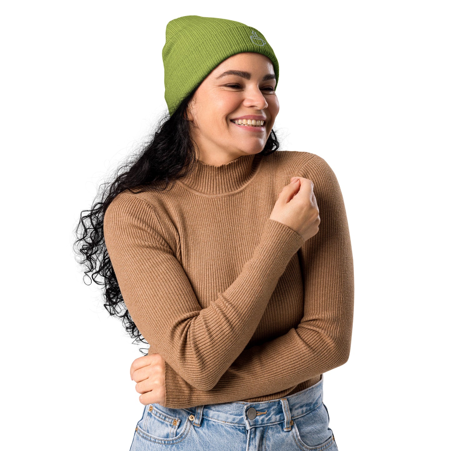 Model wearing ribbed knit beanie hat in leaf green with embroidered coffee cup design, side view