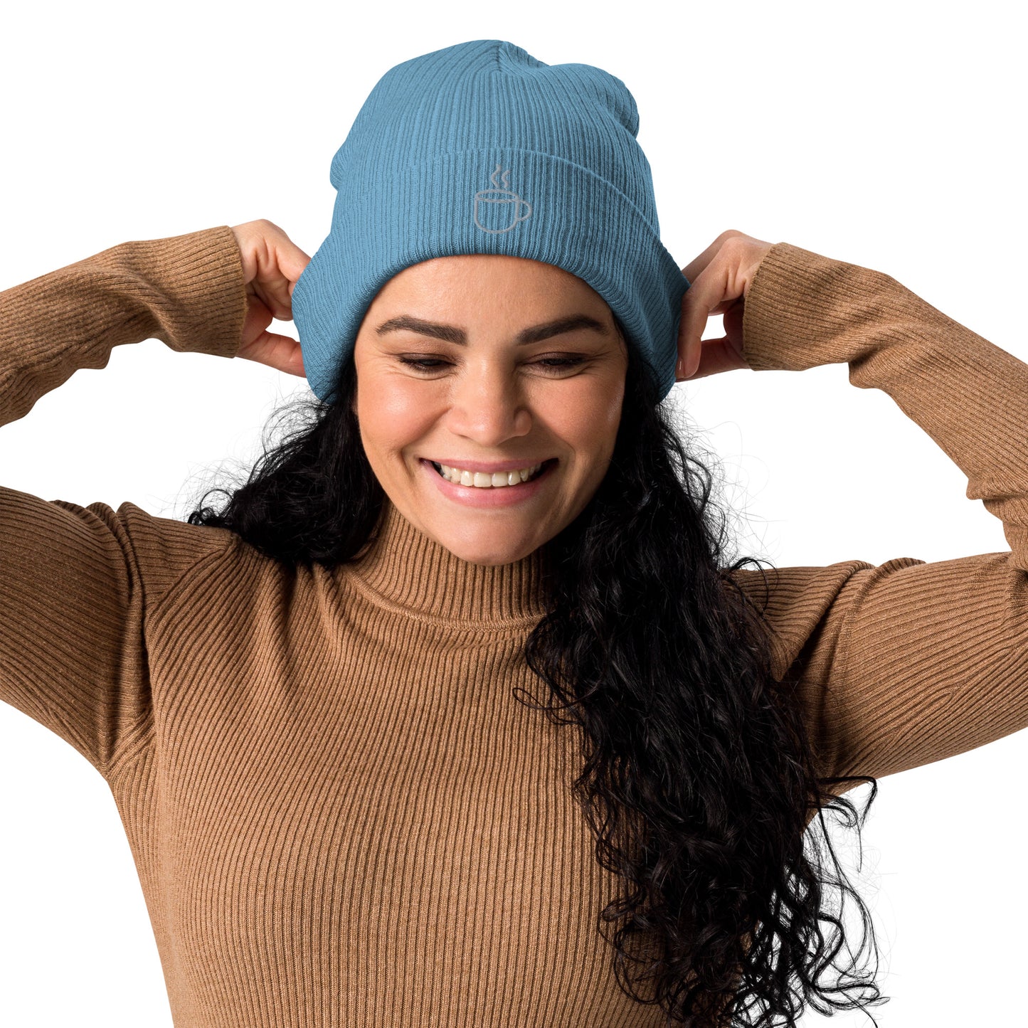 Model wearing ribbed knit beanie hat in light avio blue with embroidered coffee cup design, front view