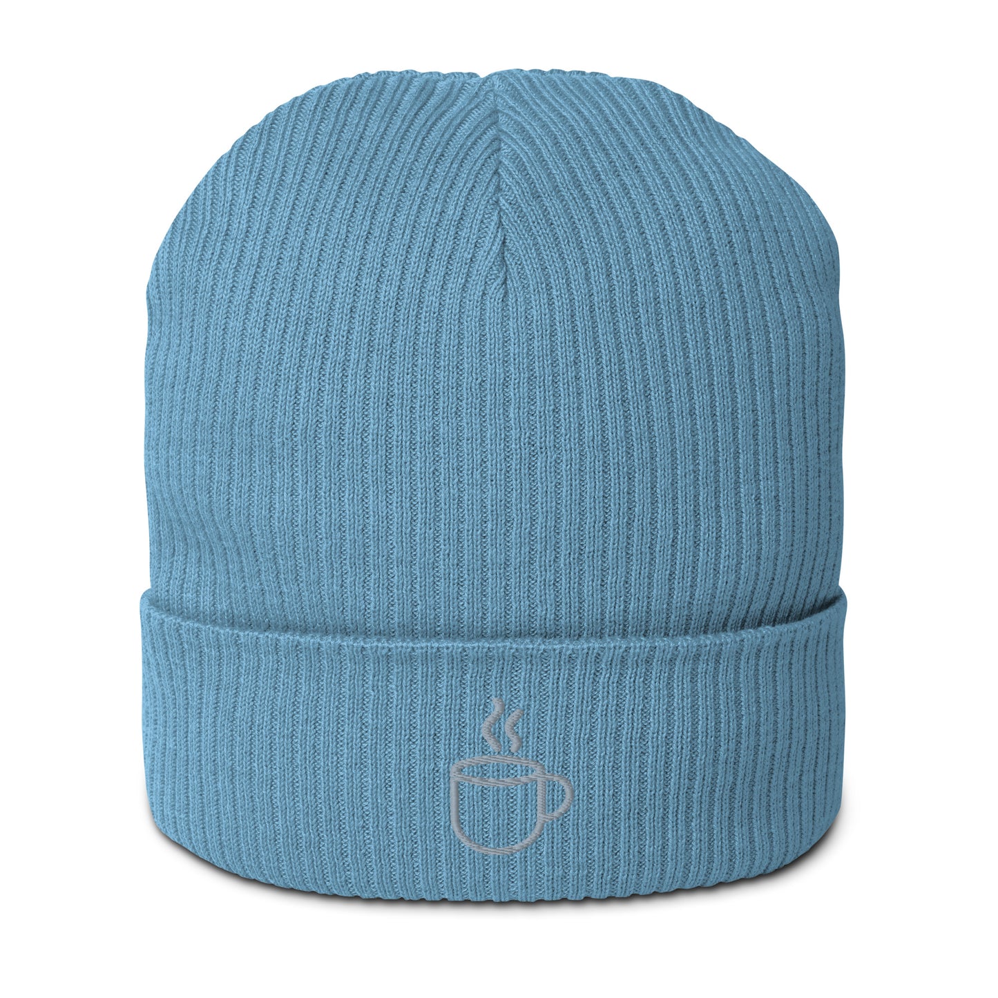 Ribbed knit beanie hat in light avio blue , embroidered coffee cup design, front view