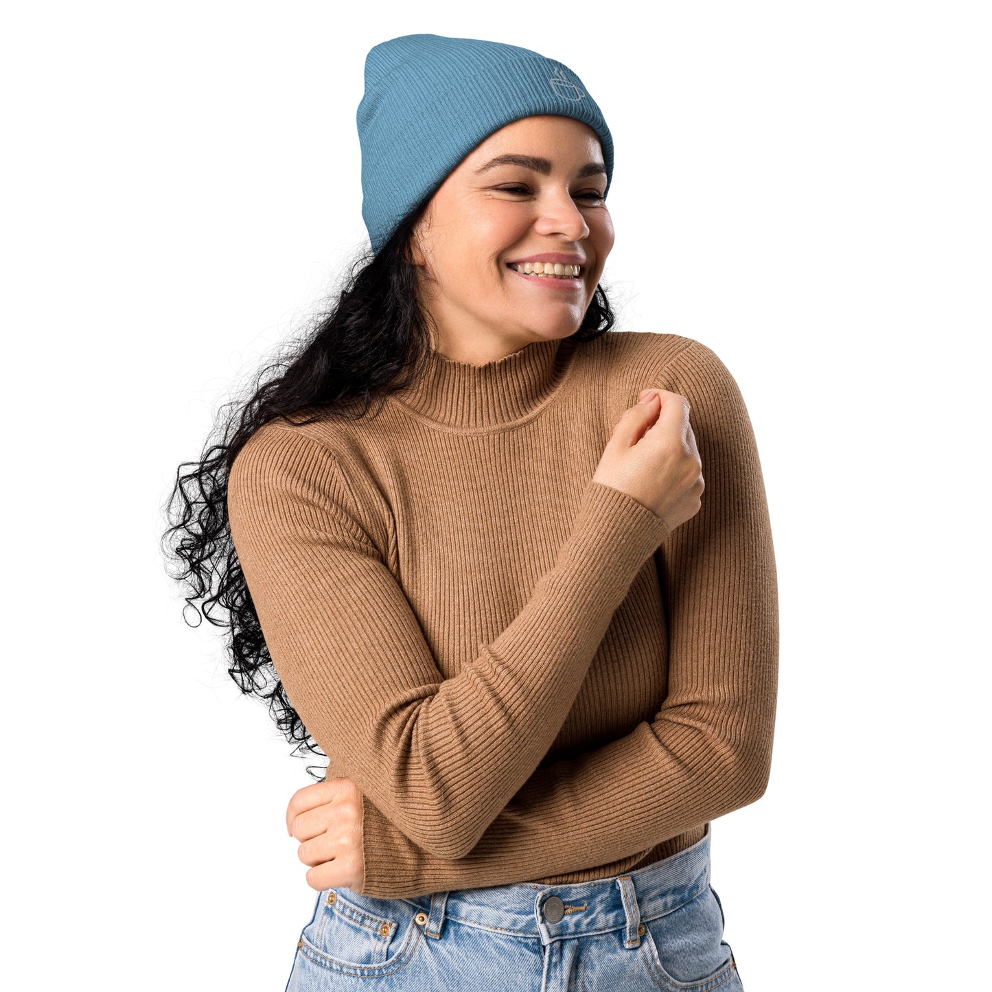 Model wearing ribbed knit beanie hat in light avio blue with embroidered coffee cup design, side view