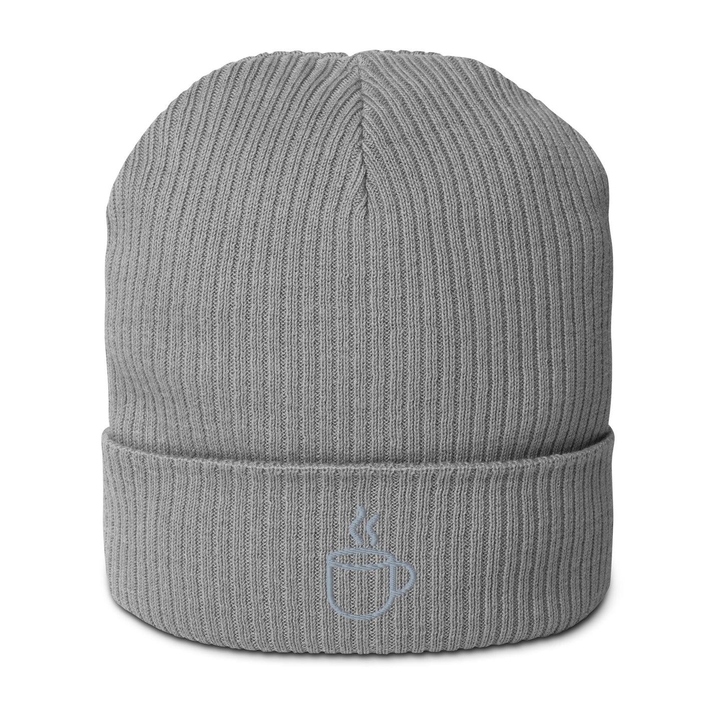 Ribbed knit beanie hat in light grey, embroidered coffee cup design, front view
