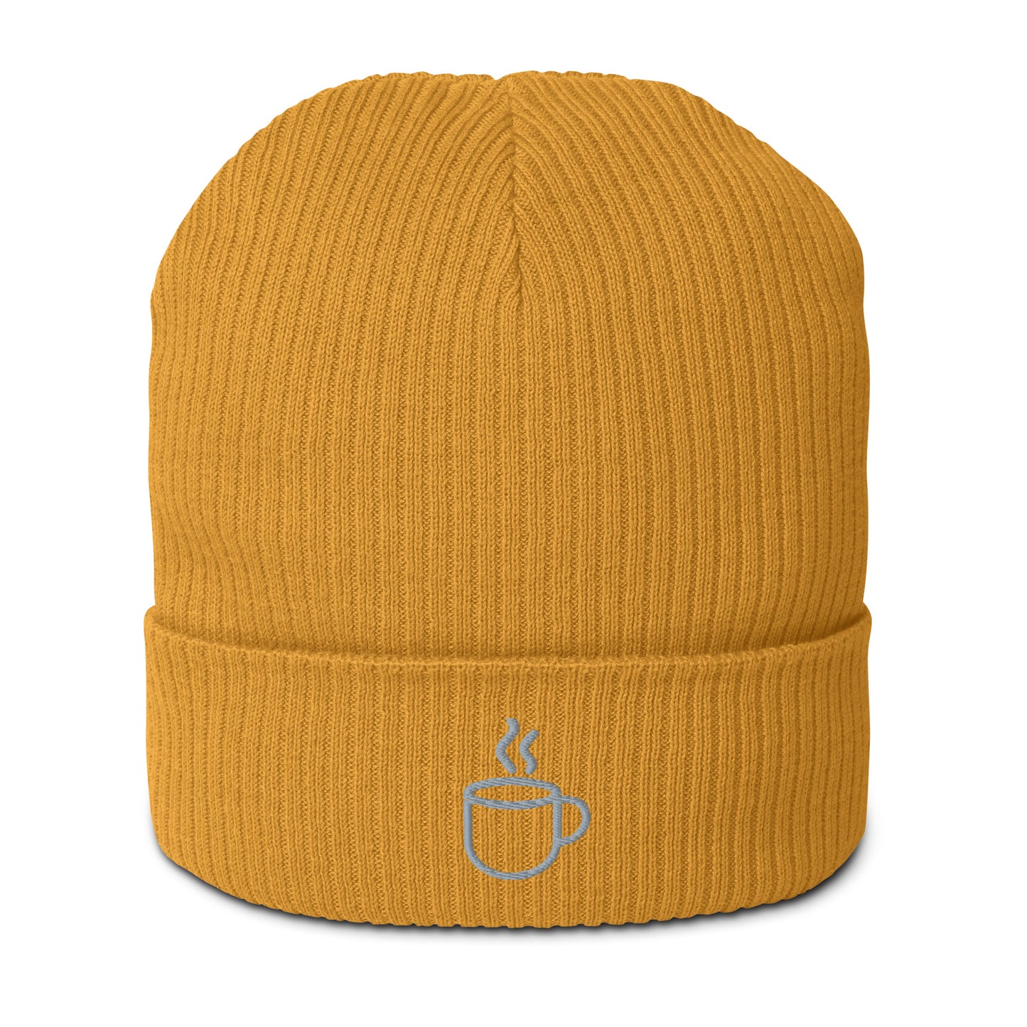 Ribbed knit beanie hat in mustard yellow, embroidered coffee cup design, front view