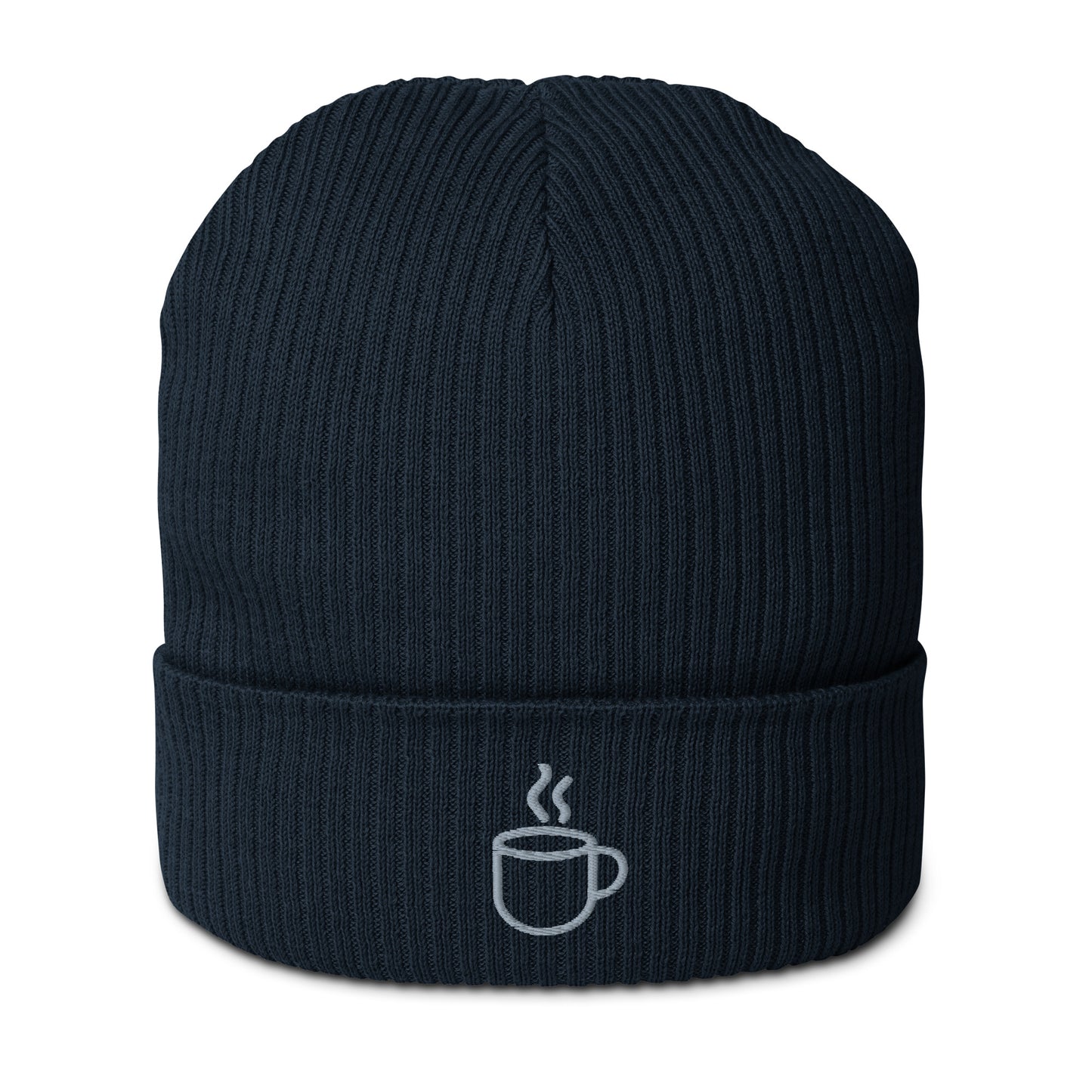 Ribbed knit beanie hat in oxford navy, embroidered coffee cup design, front view