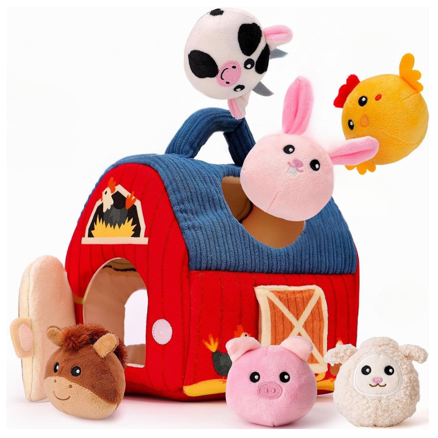 Soft barn toy set with six plush farm animals arranged on white background