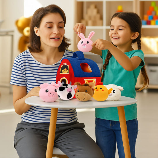 Parent and child playing with plush barn sensory toy and farm animals at a table