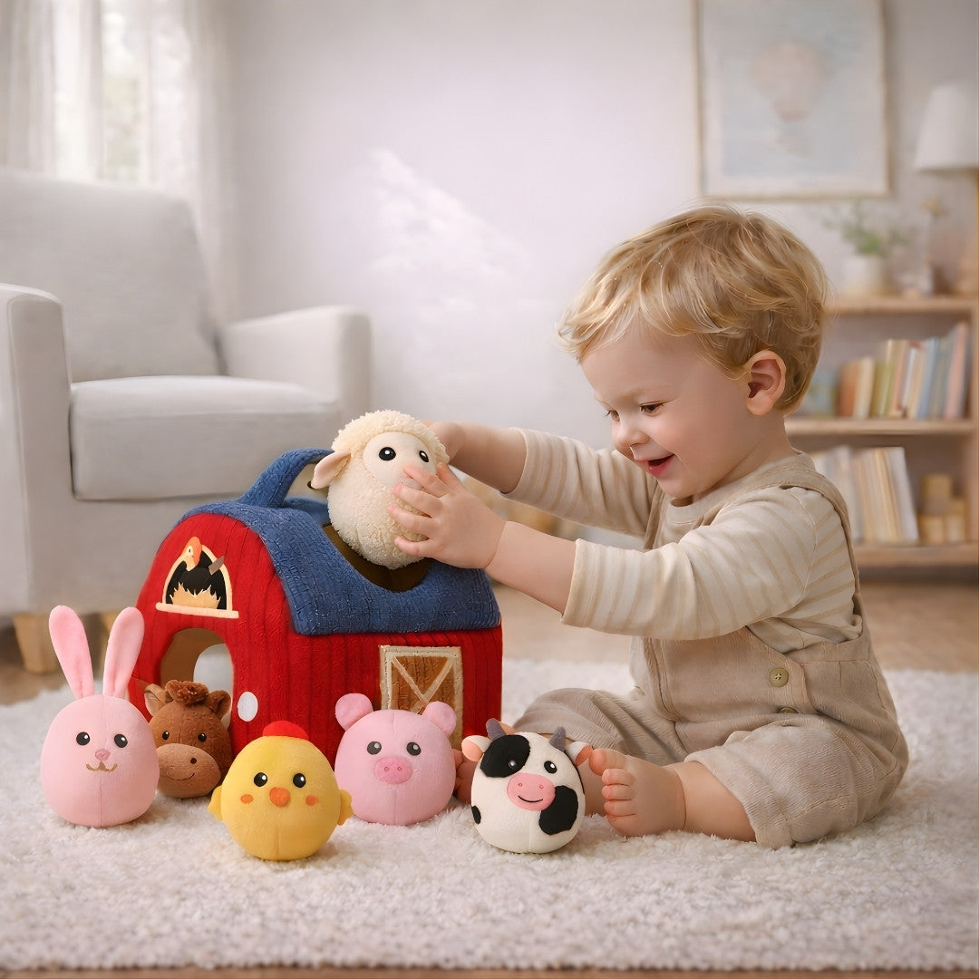 Toddler playing with a plush farm animals set at home, a soft travel toy for toddlers for quiet and screen-free play