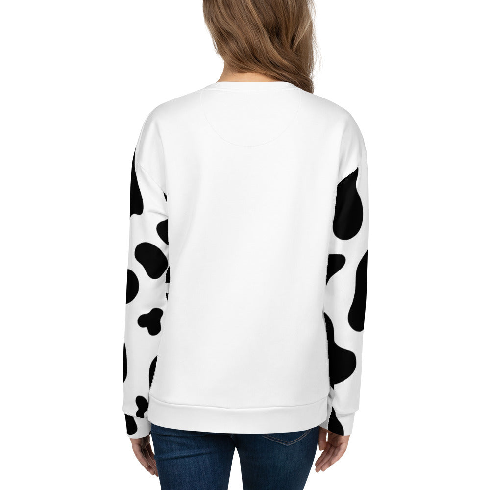 Unisex cow patch sweatshirt in white with black cow print pattern, back view – quirky countryside jumper