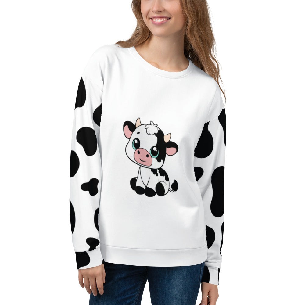 Model wearing unisex cow patch sweatshirt in white with black cow print pattern and cute cow illustration on front, front view – quirky countryside jumper