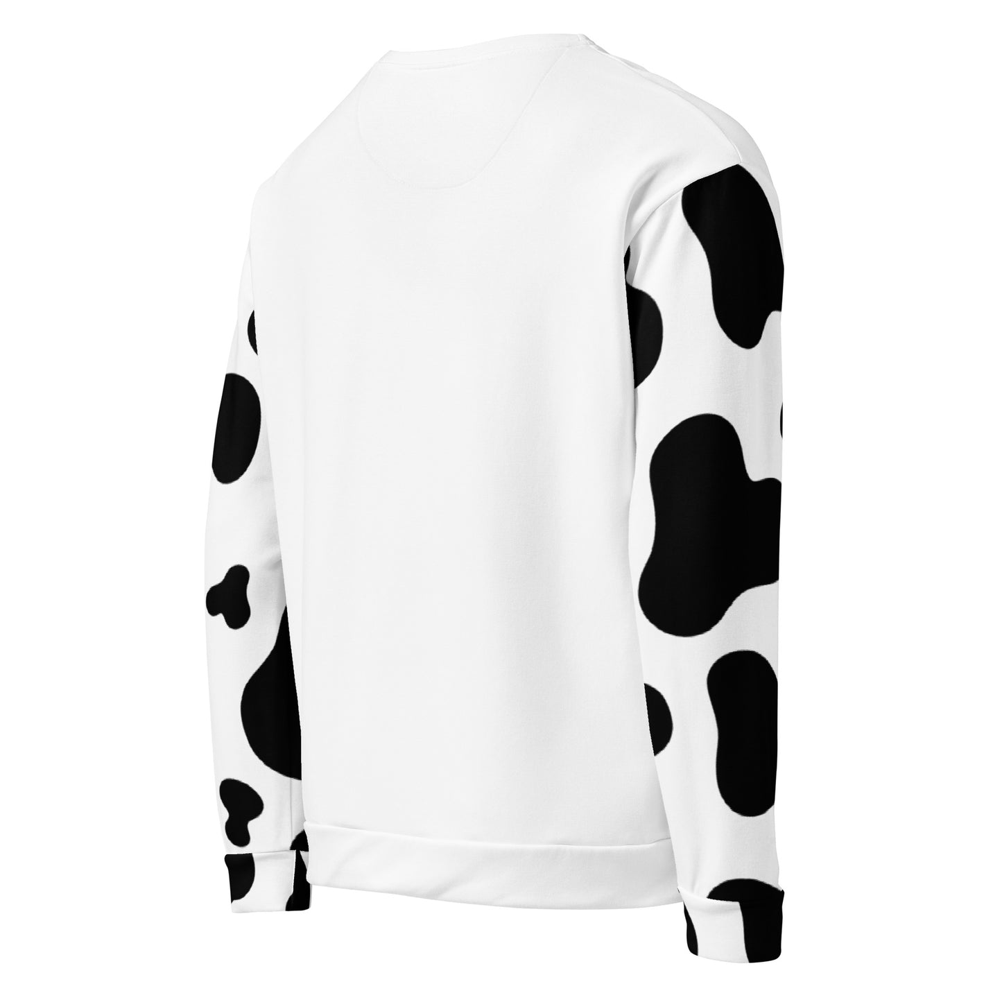 Unisex cow patch sweatshirt in white with black cow print pattern, back view – quirky countryside jumper