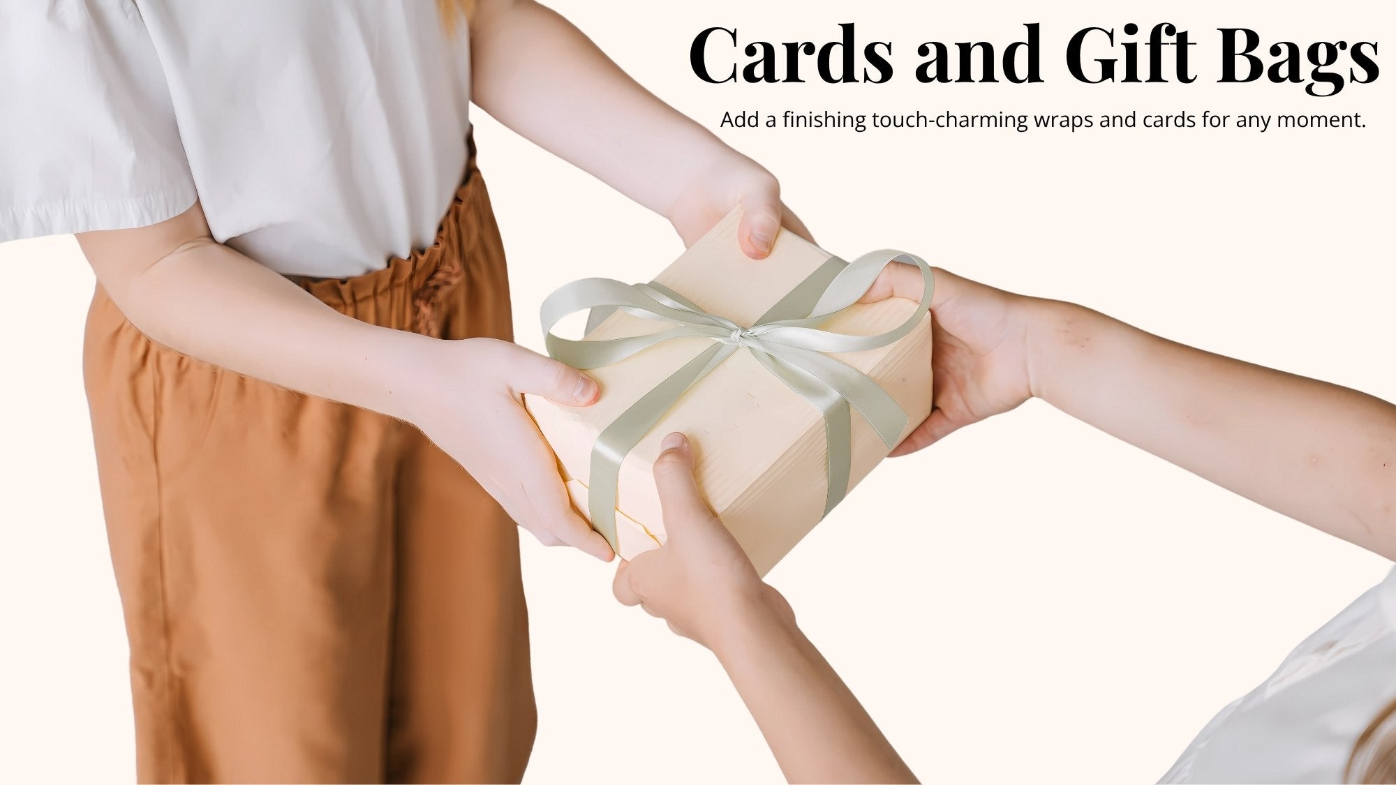 Two people exchanging a gift wrapped in paper with a ribbon on a white background.