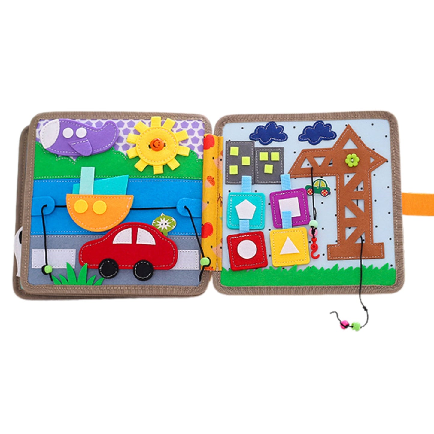 Busy book page with car, boat, sun and construction crane, sensory play