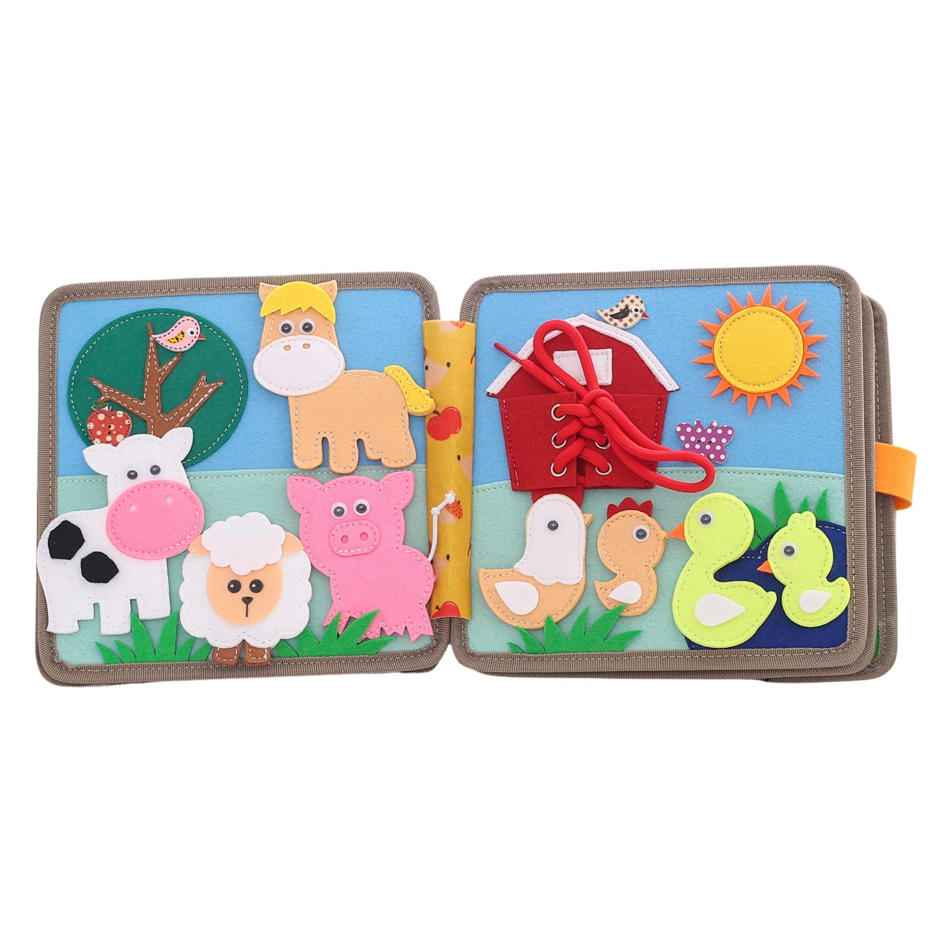 Busy book page with farm animals including cow, pig, sheep and horse