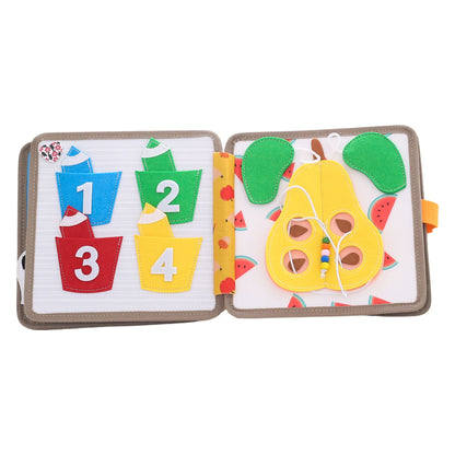Busy book page with colourful numbers and pear lacing activity