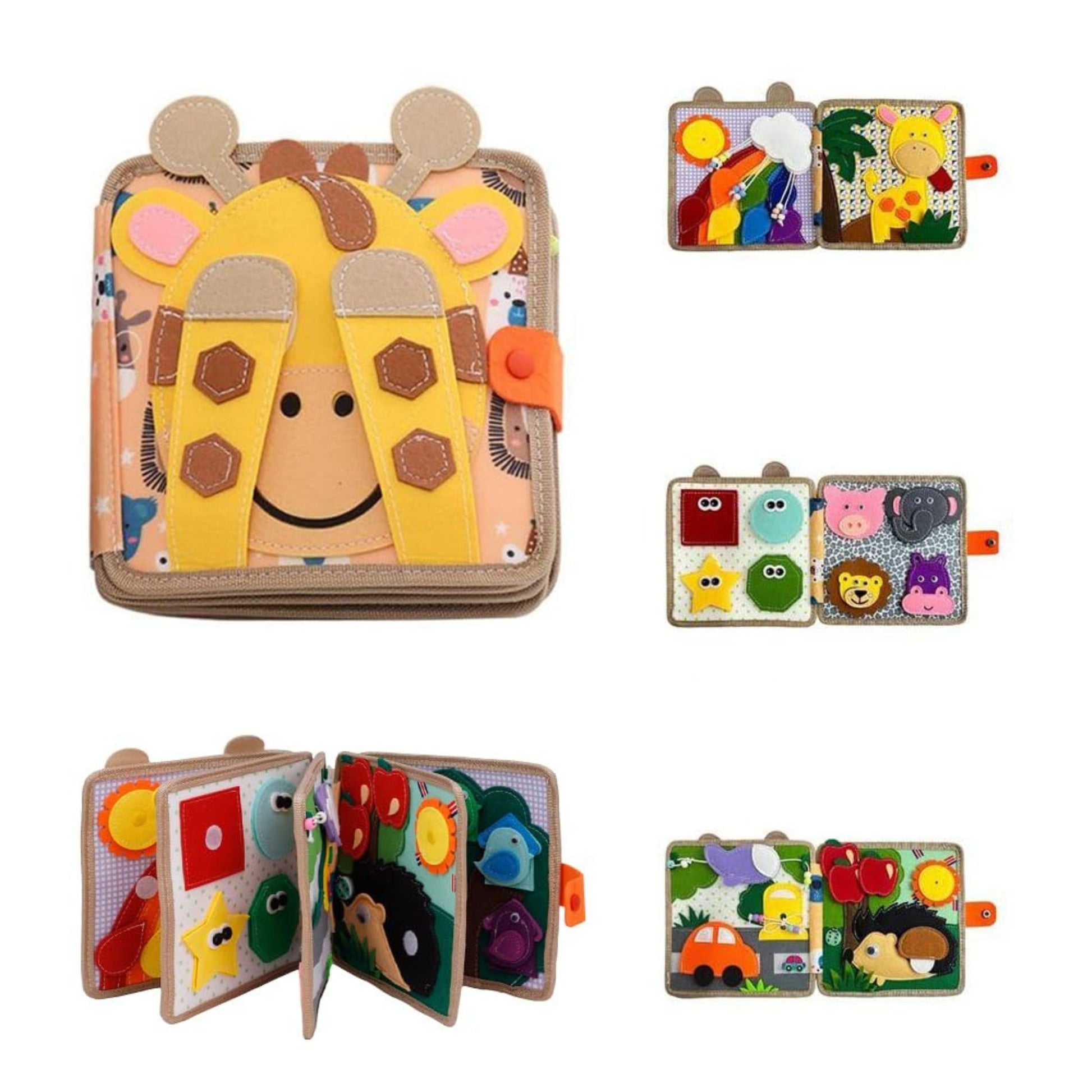 Interactive busy book open with safari animals, fruits, shapes and vehicles for toddlers