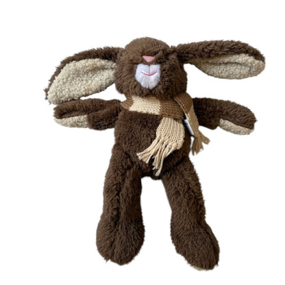 Chocolate plush rabbit toy with merino wool scarf on white background – Mamutino