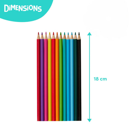 Set of 12 colouring pencils, 18 cm long, shown with measurement scale on a white background