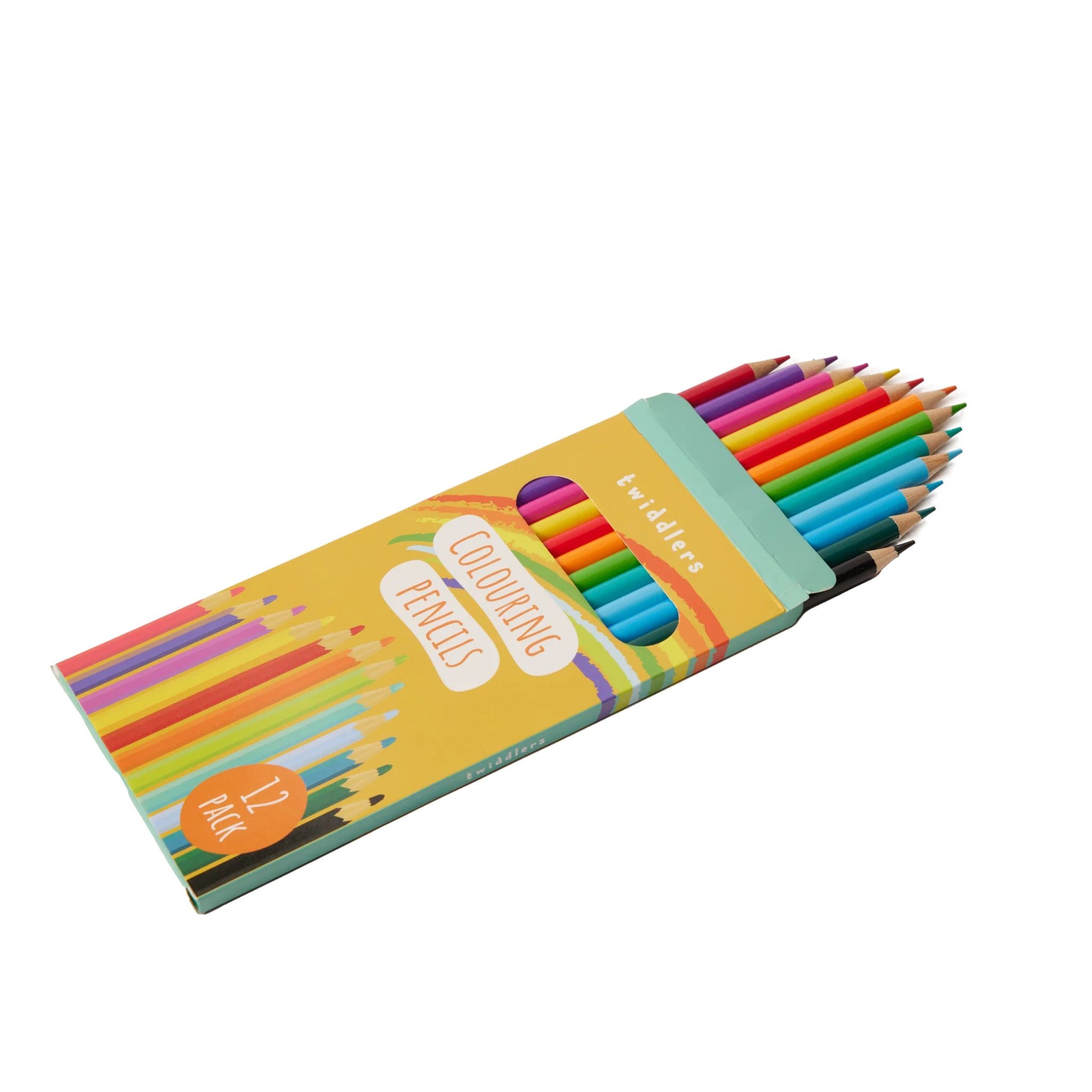 Set of 12 multicolour colouring pencils in a yellow box, angled view on a white background