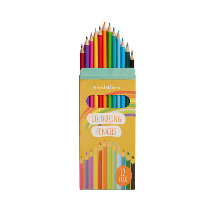 Pack of 12 colouring pencils in a yellow box with rainbow design – Twiddlers, multicolour set on white background