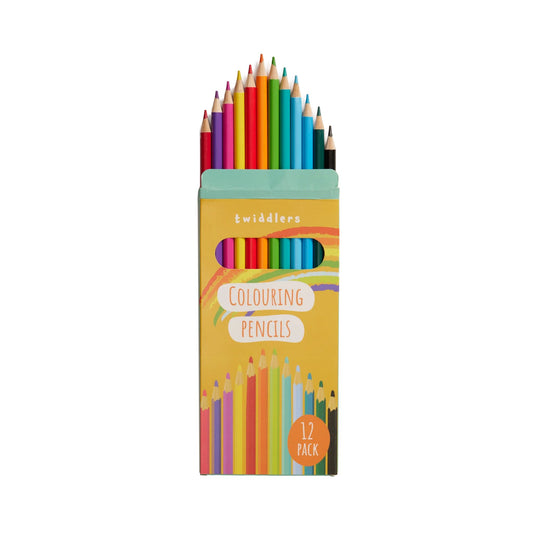 Pack of 12 colouring pencils in a yellow box with rainbow design – Twiddlers, multicolour set on white background