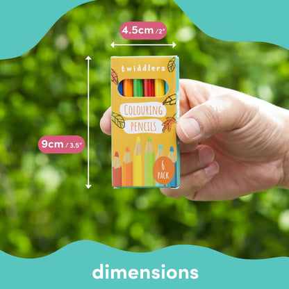 Hand holding 6 pack of colouring pencils with box dimensions shown, compact kids set