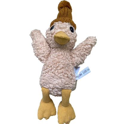 Cotton plush duck toy wearing mustard merino knit beanie on white background – Mamutino