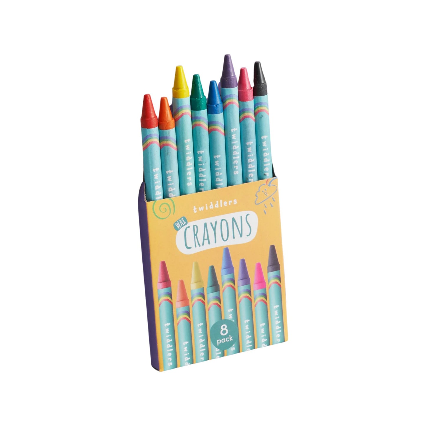 Set of 8 crayons in various colors with a yellow packaging on a white background