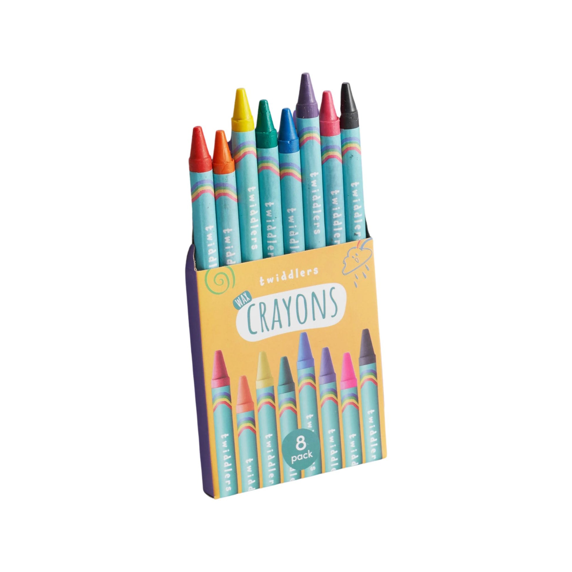 Set of 8 crayons in various colors with a yellow packaging on a white background
