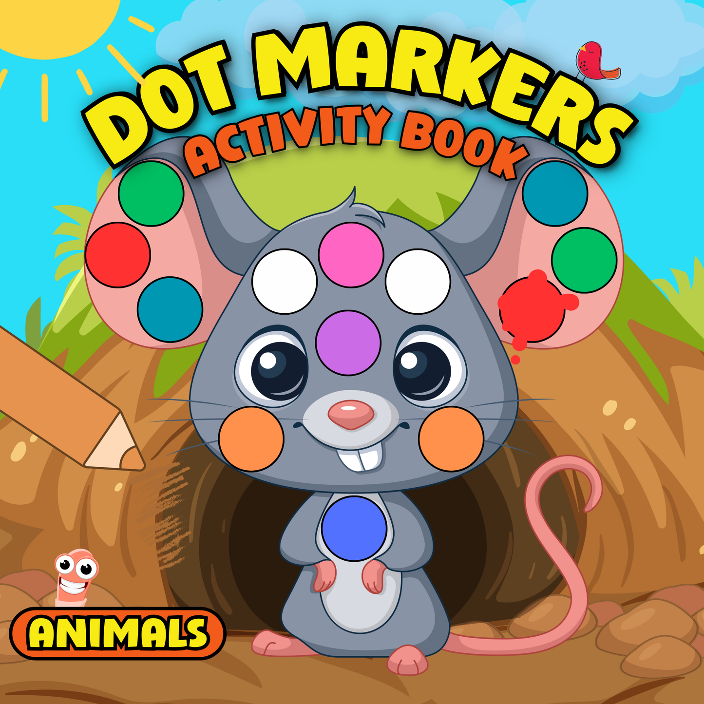 Dot markers colouring book cover with cute cartoon mouse and bright colourful dots for kids – Mamutino