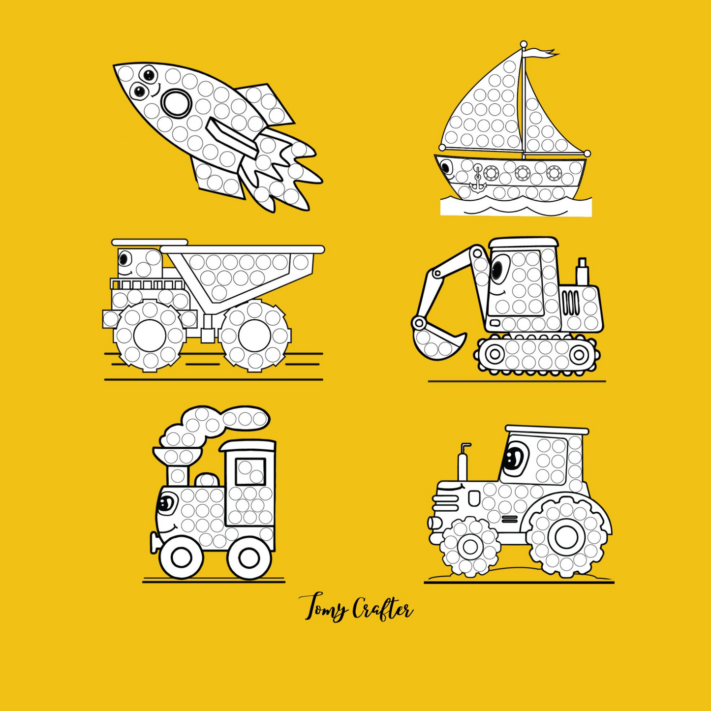 Back cover of dot markers colouring book with black and white vehicle illustrations on yellow background – Mamutino