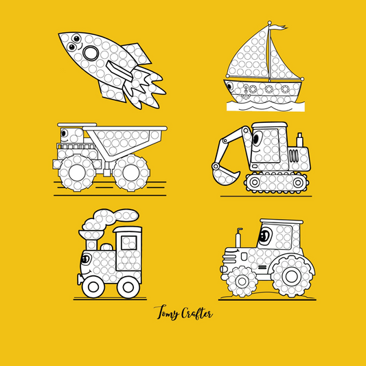 Back cover of dot markers colouring book with black and white vehicle illustrations on yellow background – Mamutino