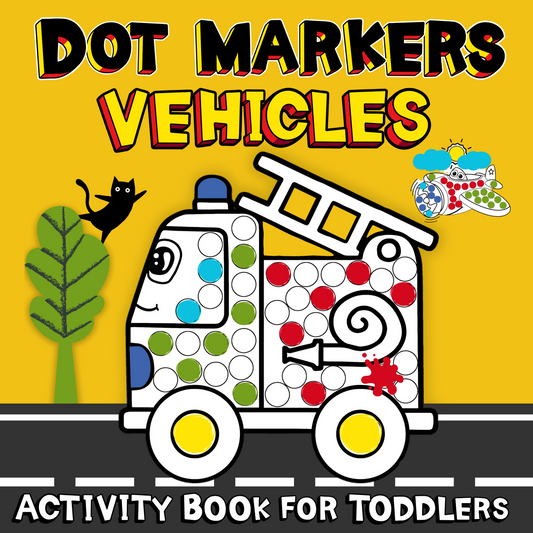 Dot markers colouring book cover with cartoon fire truck and bright yellow background for toddlers – Mamutino