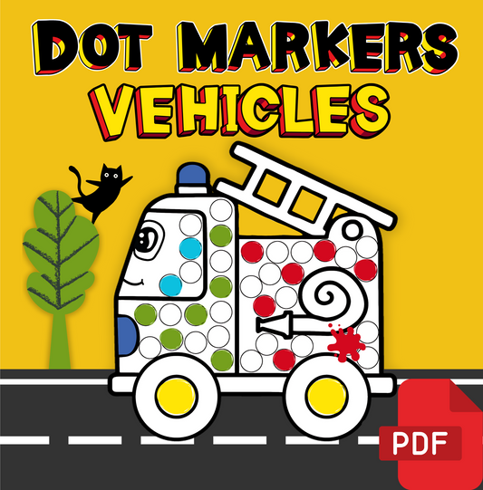PDF cover of dot markers colouring book with cartoon fire truck on yellow background for toddlers – Mamutino
