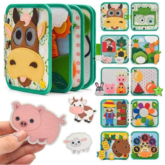 Farm animals busy book open with interactive pages, felt pieces and animal illustrations for toddlers