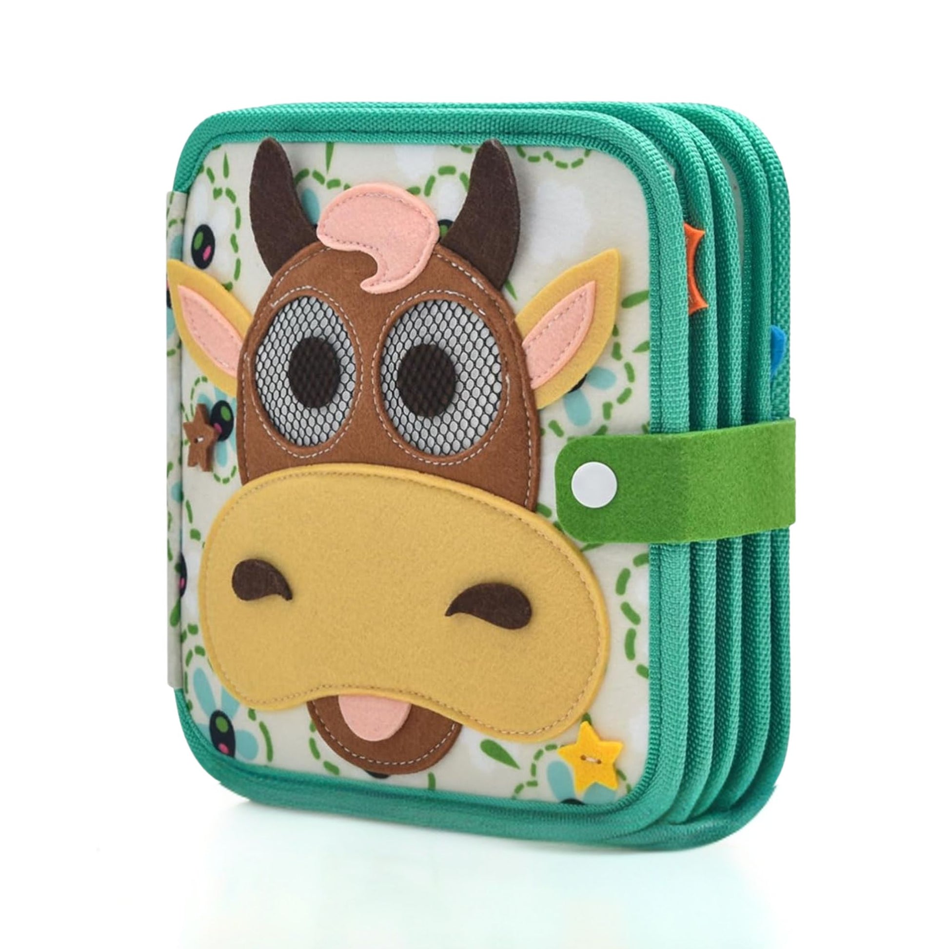 Farm animals busy book for toddlers with cow design on white background