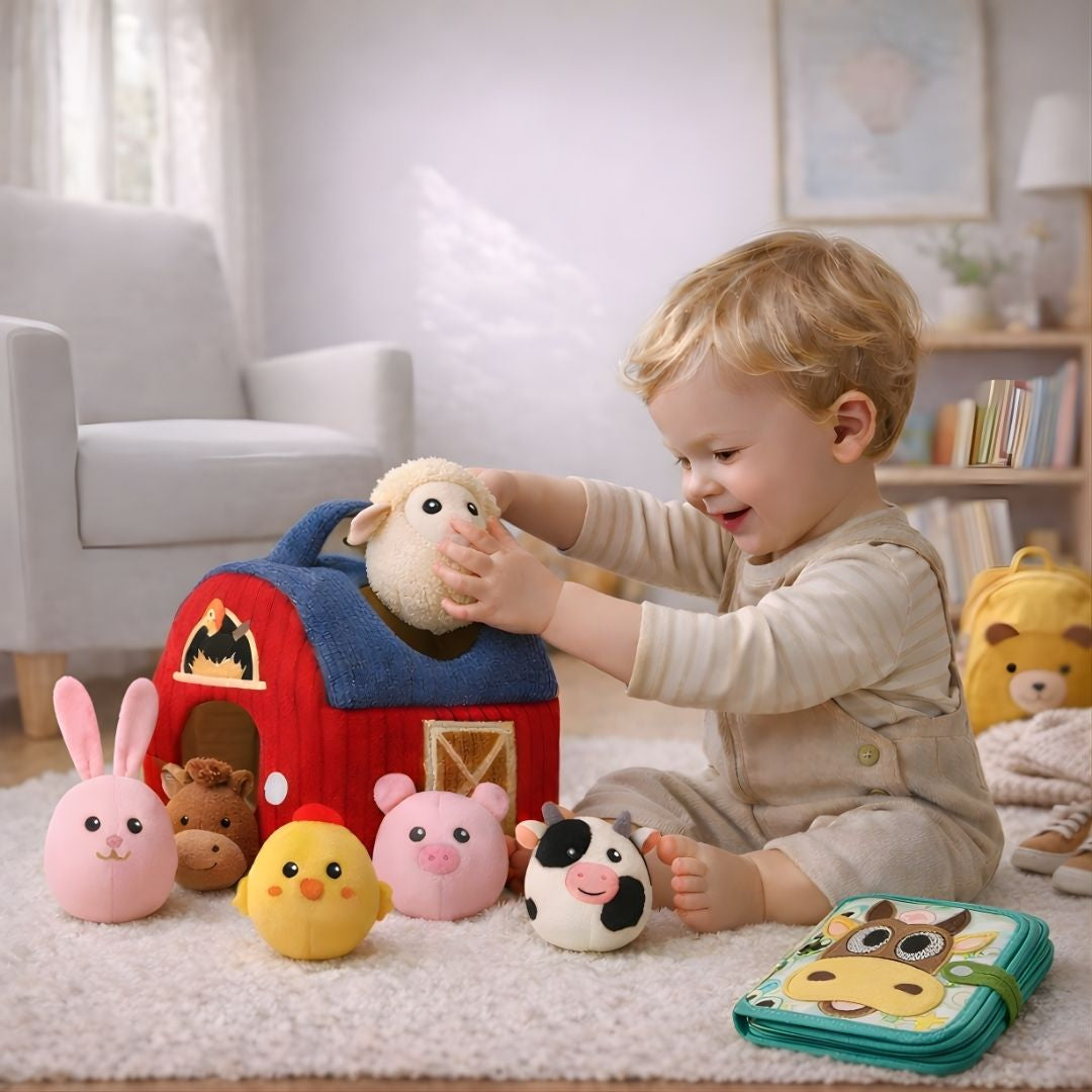 Toddler playing with farm sensory play bundle including plush barn animals and a quiet busy book