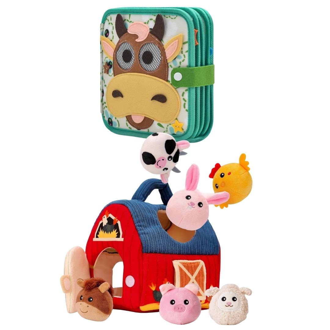 Farm sensory play bundle with plush barn and farm animals busy book on white background
