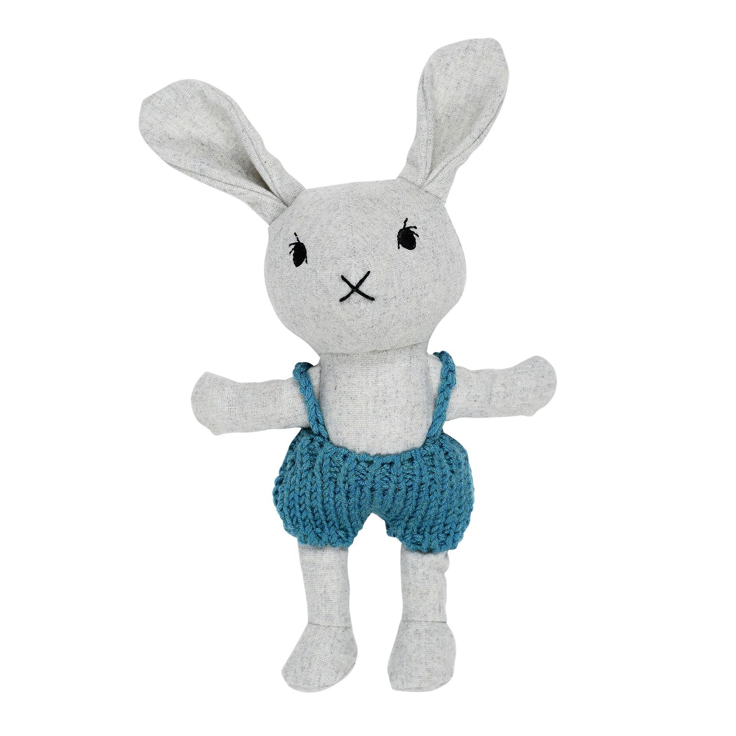 Mini plush bunny toy with knitted blue overalls on white background – Mamutino