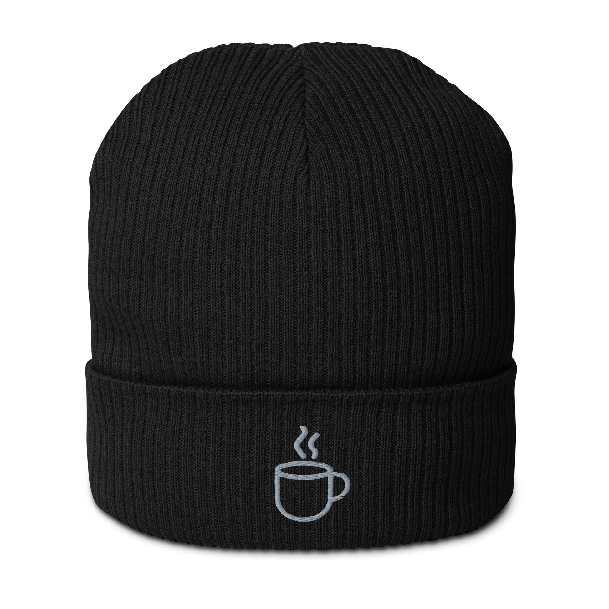Ribbed knit beanie hat in black, embroidered coffee cup design, front view