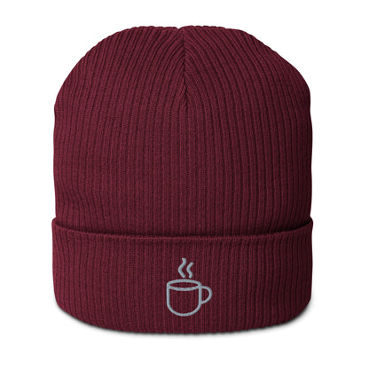 Ribbed knit beanie hat in burgundy, embroidered coffee cup design, front view