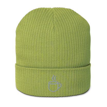 Ribbed knit beanie hat in leaf green, embroidered coffee cup design, front view